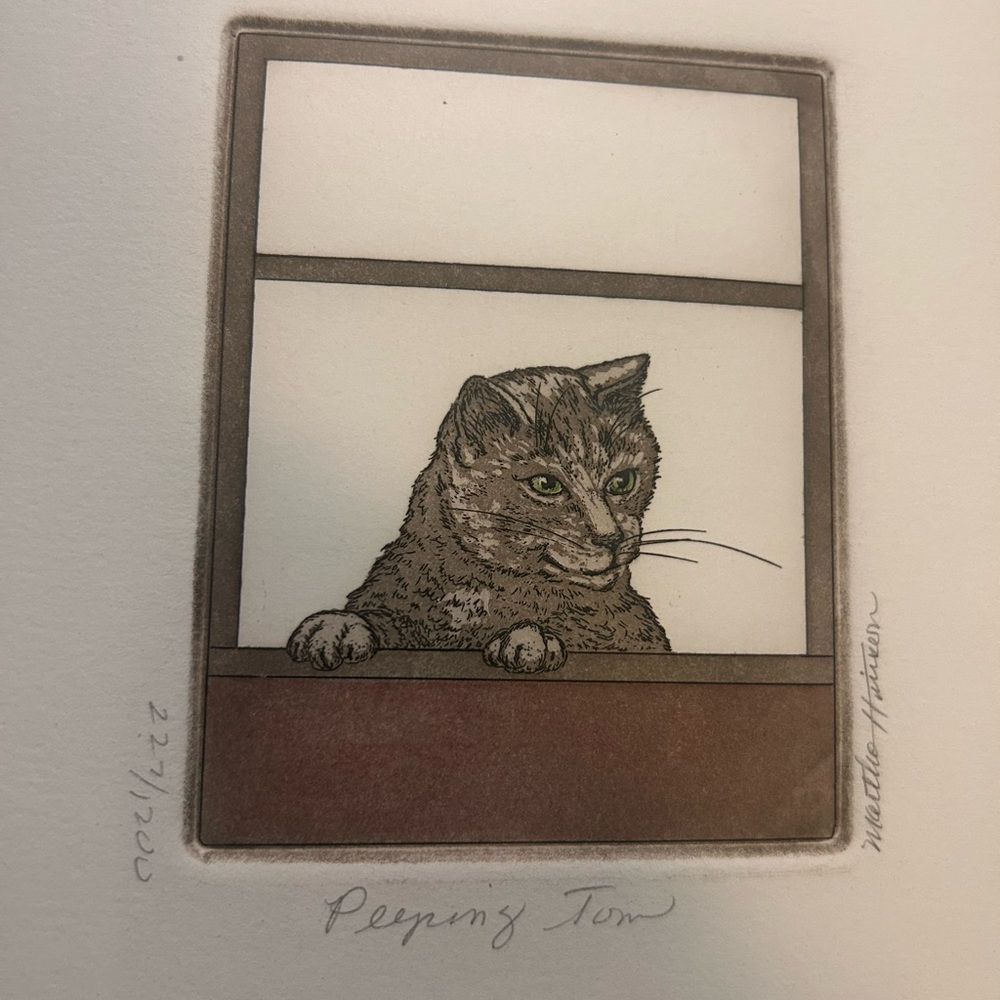 Peeping Tom. Cat lovers! Vintage Martha Hinson print - numbered, signed, framed.